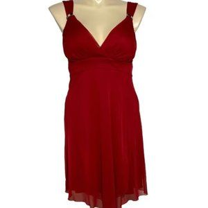 Enfocus Studio 4 Dress Sexy Asymmetric Hem Dark Red Sheer Overlay Empire Waist